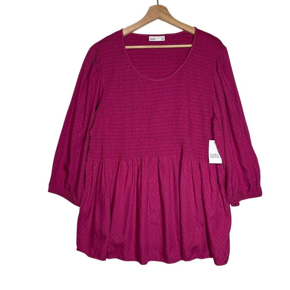 Croft & Barrow Smocked 3/4 Sleeve Tunic Blouse Top Sz 2X Babydoll Lagenlook